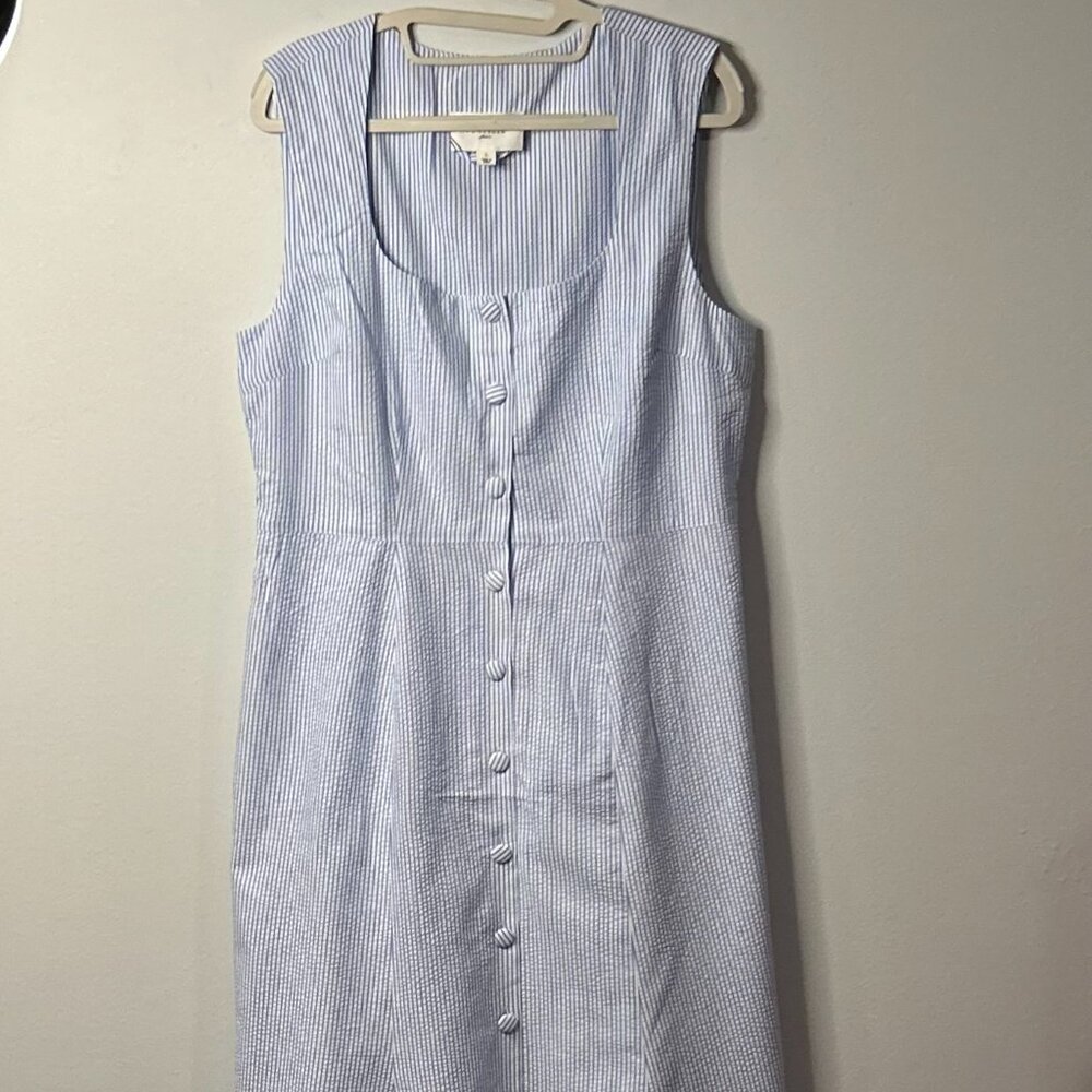 Pomander Place Dress Wms. Medium Blue Seersucker Delta Button Front Midi Size L - Picture 4 of 7